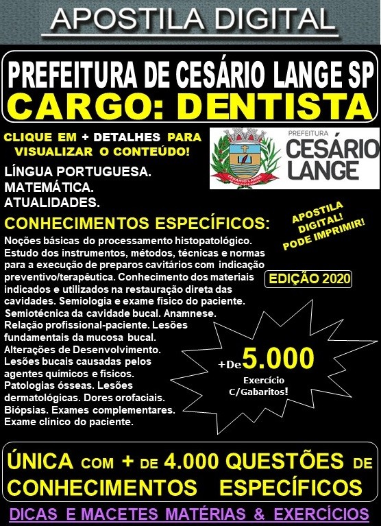 Apostila Prefeitura de CESÁRIO LANGE SP - DENTISTA - Teoria + 5.000 Exercícios - Concurso 2020