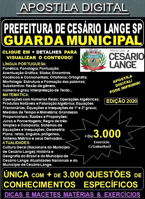Apostila Prefeitura de CESÁRIO LANGE SP - GUARDA MUNICIPAL - Teoria + 3.000 Exercícios - Concurso 2020
