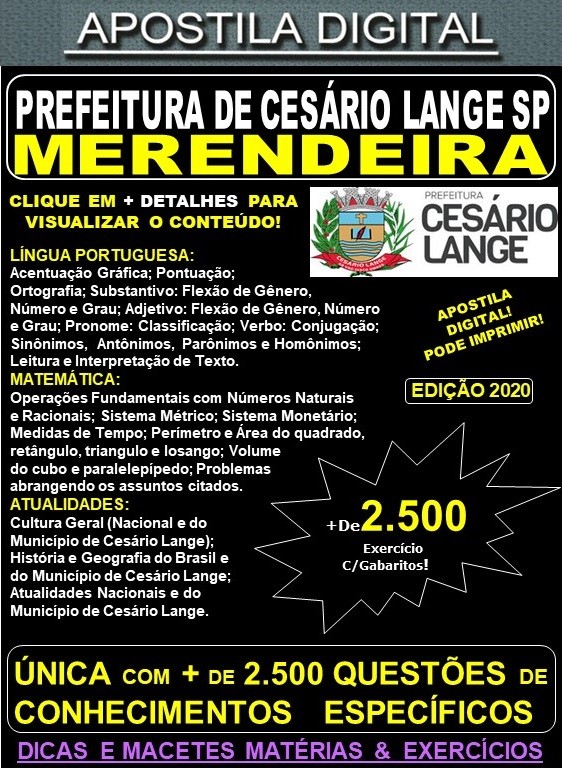 Apostila Prefeitura de CESÁRIO LANGE SP - MERENDEIRA - Teoria + 2.500 Exercícios - Concurso 2020