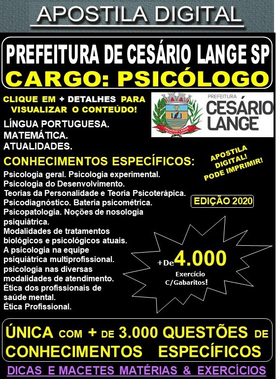 Apostila Prefeitura de CESÁRIO LANGE SP - PSICÓLOGO - Teoria + 4.000 Exercícios - Concurso 2020