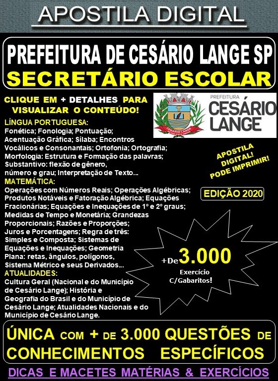 Apostila Prefeitura de CESÁRIO LANGE SP - SECRETÁRIO ESCOLAR - Teoria + 3.000 Exercícios - Concurso 2020