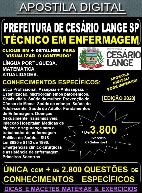 Apostila Prefeitura de CESÁRIO LANGE SP - TÉCNICO EM ENFERMAGEM - Teoria + 5.000 Exercícios - Concurso 2020
