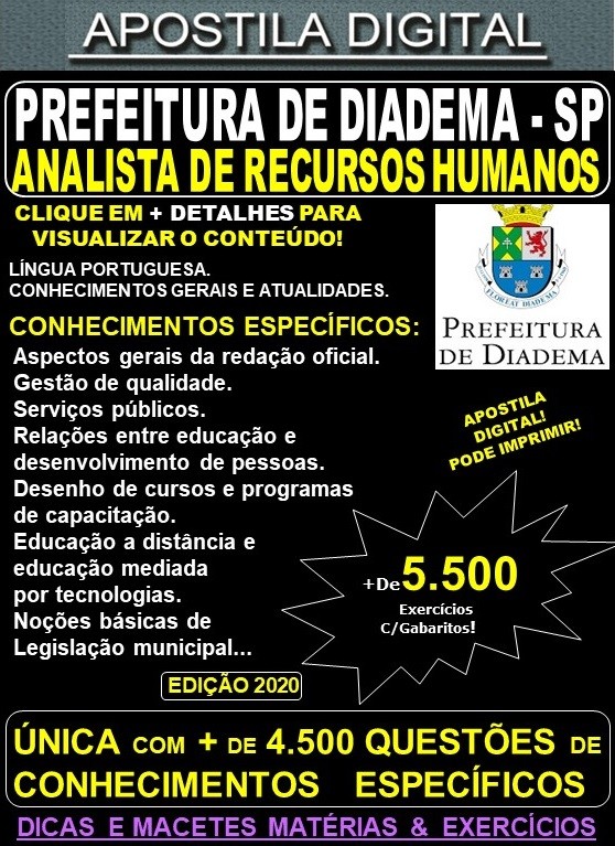 Apostila Prefeitura de Diadema SP - ANALISTA de RECURSOS HUMANOS - Teoria + 5.500 Exercícios - Concurso 2020