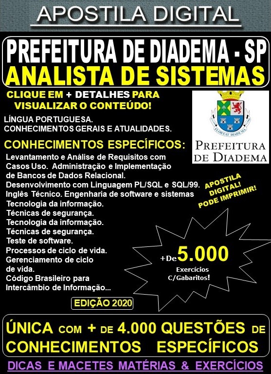 Apostila Prefeitura de Diadema SP - ANALISTA de SISTEMAS - Teoria + 5.000 Exercícios - Concurso 2020