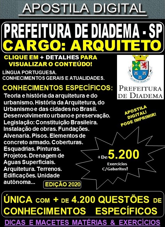 Apostila Prefeitura de Diadema SP - ARQUITETO - Teoria + 5.200 Exercícios - Concurso 2020