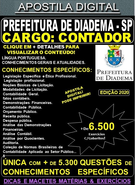 Apostila Prefeitura de Diadema SP - CONTADOR - Teoria + 6.500 Exercícios - Concurso 2020