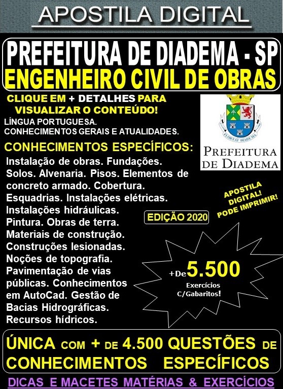 Apostila Prefeitura de Diadema SP - ENGENHEIRO CIVIL de OBRAS - Teoria + 5.500 Exercícios - Concurso 2020