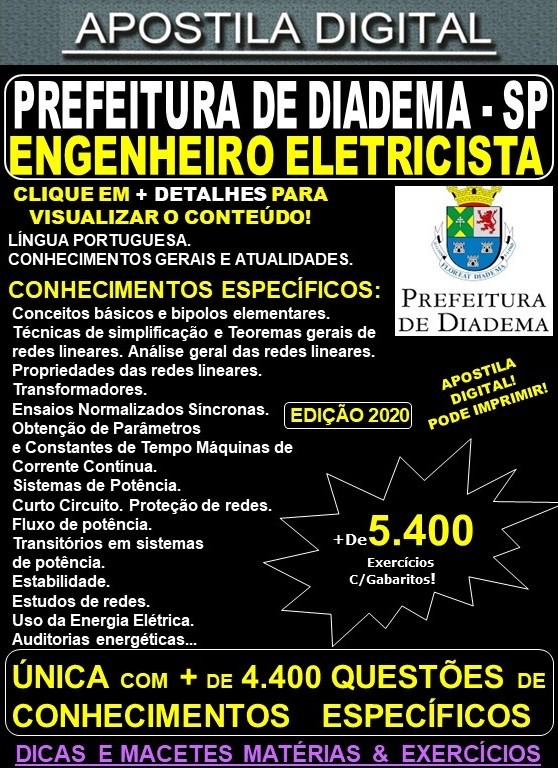 Apostila Prefeitura de Diadema SP - ENGENHEIRO ELETRICISTA - Teoria + 5.400 Exercícios - Concurso 2020