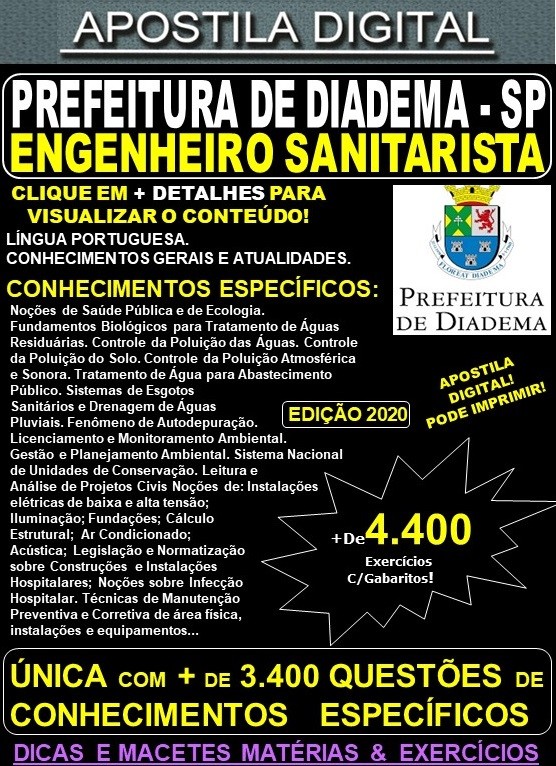 Apostila Prefeitura de Diadema SP - ENGENHEIRO SANITARISTA - Teoria + 4.400 Exercícios - Concurso 2020