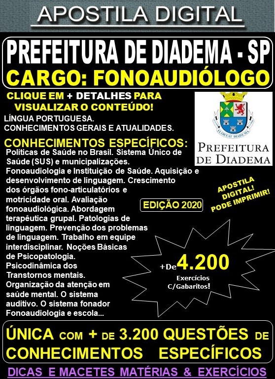 Apostila Prefeitura de Diadema SP - FONOAUDIÓLOGO - Teoria + 4.200 Exercícios - Concurso 2020