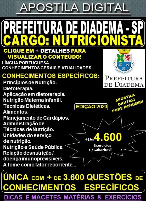 Apostila Prefeitura de Diadema SP - NUTRICIONISTA - Teoria + 4.600 Exercícios - Concurso 2020