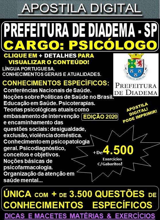 Apostila Prefeitura de Diadema SP - PSICÓLOGO - Teoria + 4.500 Exercícios - Concurso 2020