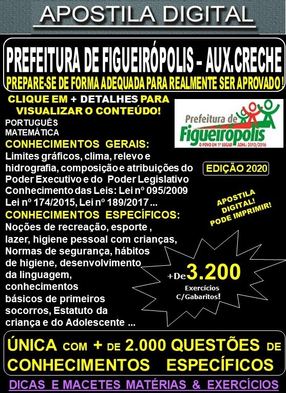 Apostila Prefeitura de Figueirópolis - AUXILIAR de CRECHE - Teoria + 3.200 Exercícios - Concurso 2020