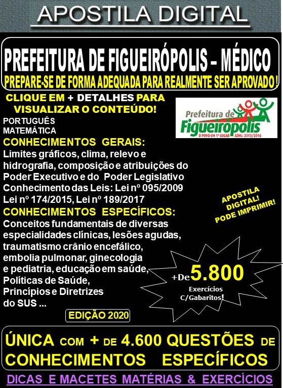 Apostila Prefeitura de Figueirópolis - MÉDICO - Teoria + 5.800 Exercícios - Concurso 2020