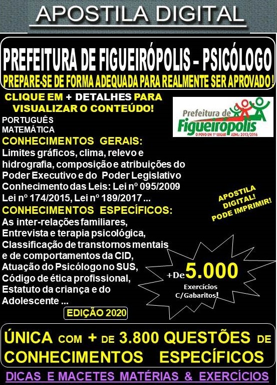 Apostila Prefeitura de Figueirópolis - PSICÓLOGO - Teoria + 5.000 Exercícios - Concurso 2020