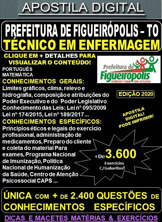 Apostila Prefeitura de Figueirópolis - TÉCNICO em ENFERMAGEM  - Teoria + 3.600 Exercícios - Concurso 2020