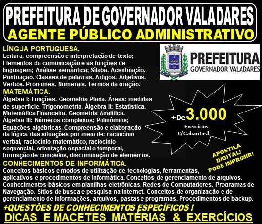 Apostila Prefeitura Municipal de Governador Valadares MG - AGENTE PÚBLICO ADMINISTRATIVO - Teoria + 3.000 Exercícios - Concurso 2019