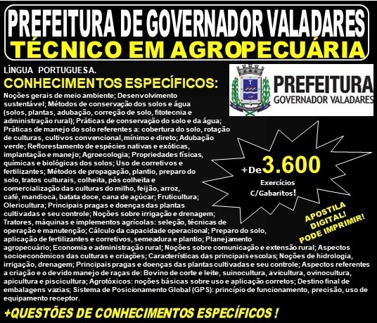 Apostila Prefeitura Municipal de Governador Valadares MG - TÉCNICO em AGROPECUÁRIA - Teoria + 3.600 Exercícios - Concurso 2019