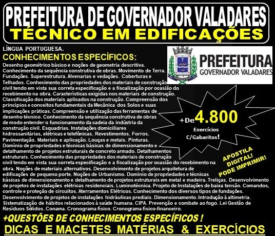 Apostila Prefeitura Municipal de Governador Valadares MG - TÉCNICO em EDIFICAÇÕES - Teoria + 4.800 Exercícios - Concurso 2019