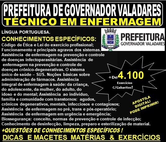 Apostila Prefeitura Municipal de Governador Valadares MG - TÉCNICO em ENFERMAGEM - Teoria + 4.100 Exercícios - Concurso 2019
