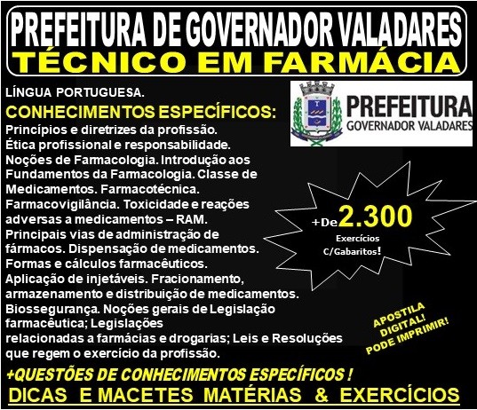 Apostila Prefeitura Municipal de Governador Valadares MG - TÉCNICO em FARMÁCIA - Teoria + 2.300 Exercícios - Concurso 2019