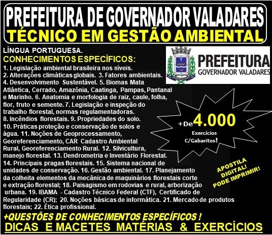 Apostila Prefeitura Municipal de Governador Valadares MG - TÉCNICO em GESTÃO AMBIENTAL - Teoria + 4.000 Exercícios - Concurso 2019