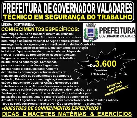 Apostila Prefeitura Municipal de Governador Valadares MG - TÉCNICO em SEGURANÇA do TRABALHO - Teoria + 3.600 Exercícios - Concurso 2019