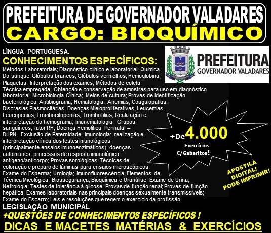 Apostila Prefeitura Municipal de Governador Valadares MG - BIOQUÍMICO - Teoria + 4.000 Exercícios - Concurso 2019