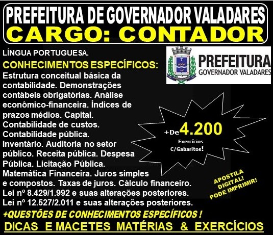 Apostila Prefeitura Municipal de Governador Valadares MG - CONTADOR - Teoria + 4.200 Exercícios - Concurso 2019