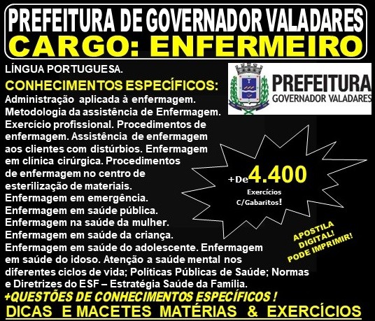 Apostila Prefeitura Municipal de Governador Valadares MG - ENFERMEIRO - Teoria + 4.400 Exercícios - Concurso 2019