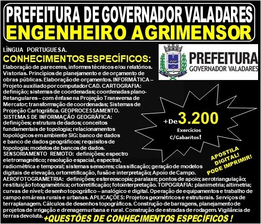 Apostila Prefeitura Municipal de Governador Valadares MG - ENGENHEIRO AGRIMENSOR - Teoria + 3.200 Exercícios - Concurso 2019