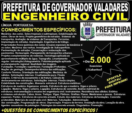 Apostila Prefeitura Municipal de Governador Valadares MG - ENGENHEIRO CIVIL - Teoria + 5.000 Exercícios - Concurso 2019