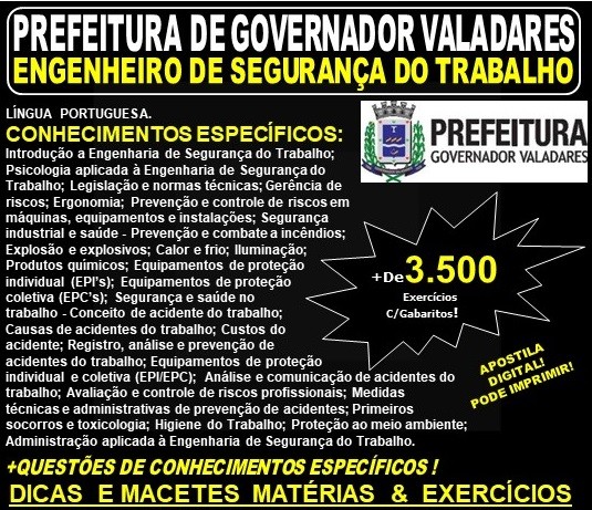 Apostila Prefeitura Municipal de Governador Valadares MG - ENGENHEIRO de SEGURANÇA do TRABALHO - Teoria + 3.500 Exercícios - Concurso 2019