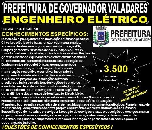 Apostila Prefeitura Municipal de Governador Valadares MG - ENGENHEIRO ELÉTRICO - Teoria + 3.500 Exercícios - Concurso 2019