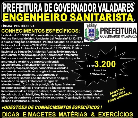 Apostila Prefeitura Municipal de Governador Valadares MG - ENGENHEIRO SANITARISTA - Teoria + 3.200 Exercícios - Concurso 2019