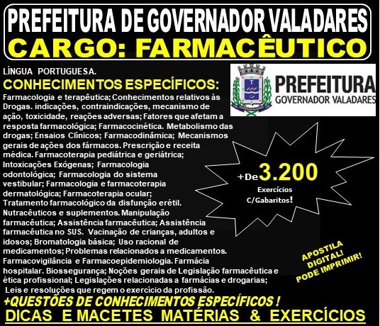 Apostila Prefeitura Municipal de Governador Valadares MG - FARMACÊUTICO - Teoria + 3.200 Exercícios - Concurso 2019