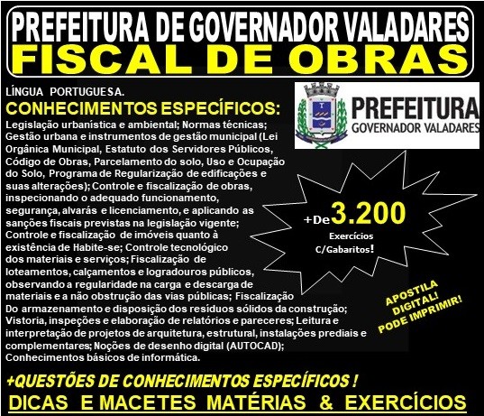 Apostila Prefeitura Municipal de Governador Valadares MG - FISCAL DE OBRAS - Teoria + 3.200 Exercícios - Concurso 2019