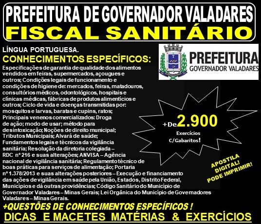 Apostila Prefeitura Municipal de Governador Valadares MG - FISCAL SANITÁRIO - Teoria + 2.900 Exercícios - Concurso 2019