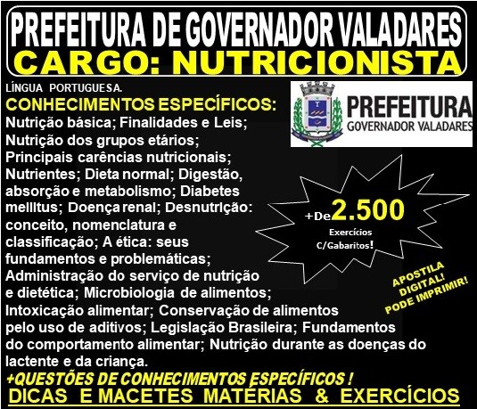 Apostila Prefeitura Municipal de Governador Valadares MG - NUTRICIONISTA - Teoria + 2.500 Exercícios - Concurso 2019