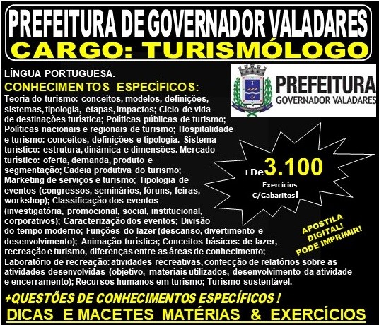 Apostila Prefeitura Municipal de Governador Valadares MG - TURISMÓLOGO - Teoria + 3.100 Exercícios - Concurso 2019