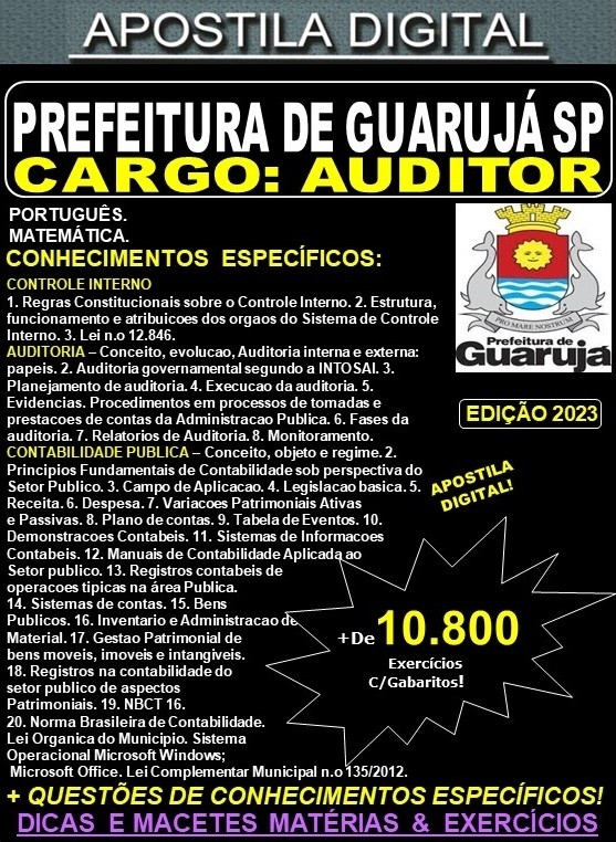 Apostila PREFEITURA de GUARUJÁ - AUDITOR - Teoria + 10.800 Exercícios - Concurso 2023
