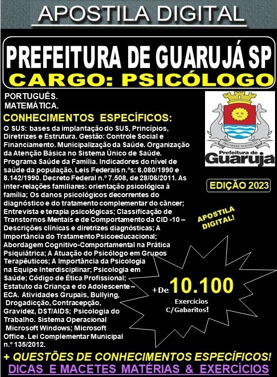 Apostila PREFEITURA de GUARUJÁ - PSICÓLOGO - Teoria + 10.100 Exercícios - Concurso 2023