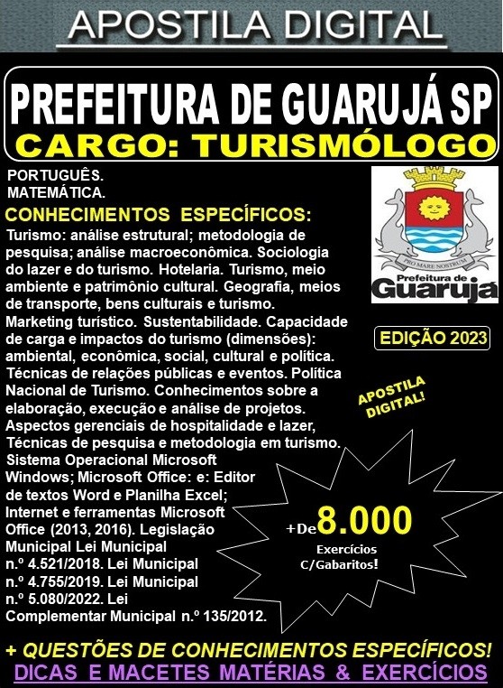 Apostila PREFEITURA de GUARUJÁ - TURISMÓLOGO - Teoria + 8.000 Exercícios - Concurso 2023