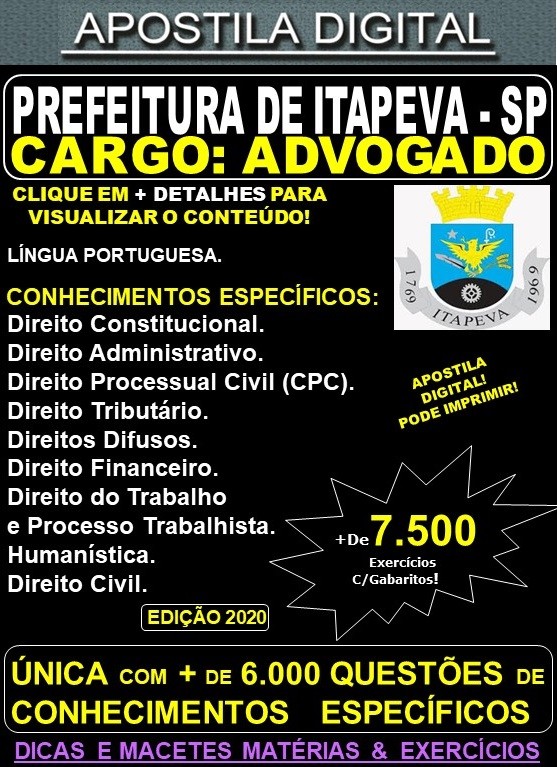 Apostila Prefeitura de Itapeva SP - ADVOGADO - Teoria + 7.500 Exercícios - Concurso 2020