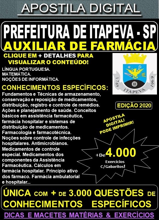 Apostila Prefeitura de Itapeva SP - AUXILIAR de FARMÁCIA - Teoria + 4.000 Exercícios - Concurso 2020