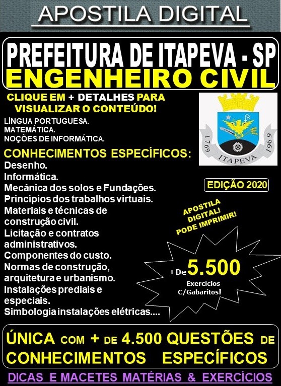 Apostila Prefeitura de Itapeva SP - ENGENHEIRO CIVIL - Teoria + 5.500 Exercícios - Concurso 2020