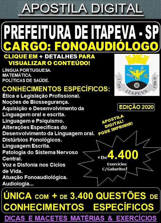Apostila Prefeitura de Itapeva SP - FONOAUDIÓLOGO - Teoria + 4.400 Exercícios - Concurso 2020