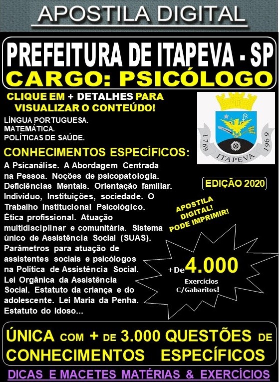Apostila Prefeitura de Itapeva SP - PSICÓLOGO - Teoria + 4.000 Exercícios - Concurso 2020