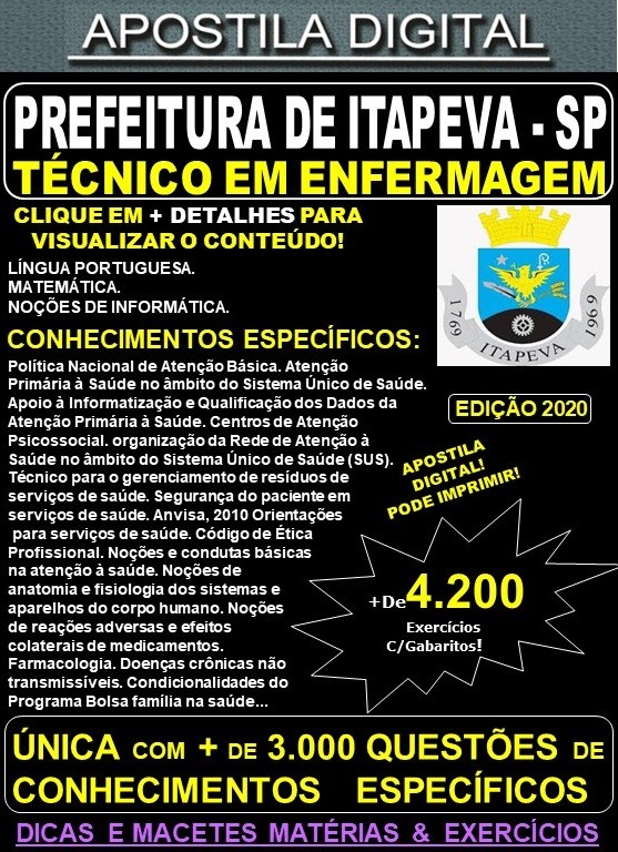 Apostila Prefeitura de Itapeva SP - TÉCNICO de ENFERMAGEM - Teoria + 4.200 Exercícios - Concurso 2020