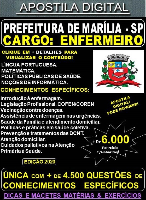 Apostila Prefeitura de MARÍLIA SP - ENFERMEIRO - Teoria + 6.000 Exercícios - Concurso 2020